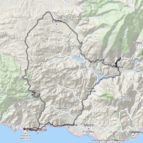 Miniature de la carte de l'inspiration cycliste "La Sierra Nevada et les villages blancs" dans la Andalucía, Spain. Générée par le planificateur d'itinéraire cycliste Tarmacs.app