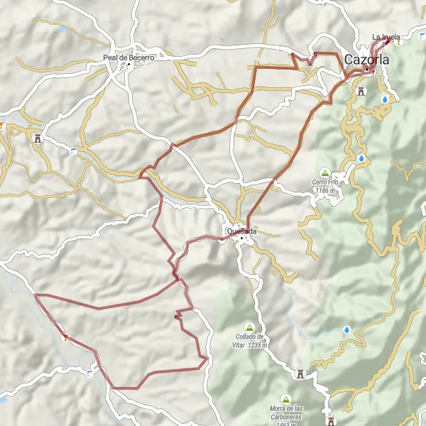 Map miniature of "Adventure Cycling to Ruinas de la Iglesia de Santa María, Bola, and Quesada" cycling inspiration in Andalucía, Spain. Generated by Tarmacs.app cycling route planner