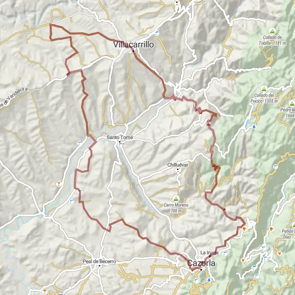 Map miniature of "Scenic Gravel Ride to Cazorla, Bola, and Villacarrillo" cycling inspiration in Andalucía, Spain. Generated by Tarmacs.app cycling route planner