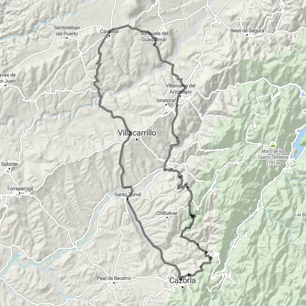 Map miniature of "Epic Road Cycling Tour to Cazorla, Balcón del Pintor Zabaleta, and Santo Tomé" cycling inspiration in Andalucía, Spain. Generated by Tarmacs.app cycling route planner