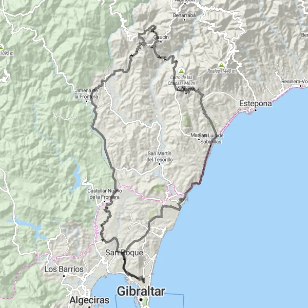 Miniatua del mapa de inspiración ciclista "Ruta Gaucín y Sabinillas" en Andalucía, Spain. Generado por Tarmacs.app planificador de rutas ciclistas