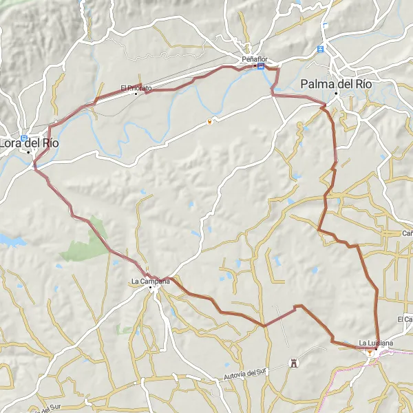 Miniatura della mappa di ispirazione al ciclismo "La Luisiana - Baños romanos de La Luisiana - La Campana - El Priorato - Peñaflor - La Luisiana" nella regione di Andalucía, Spain. Generata da Tarmacs.app, pianificatore di rotte ciclistiche