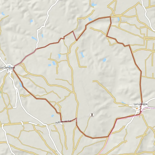 Miniatura della mappa di ispirazione al ciclismo "La Luisiana - Baños romanos de La Luisiana - La Campana - La Luisiana" nella regione di Andalucía, Spain. Generata da Tarmacs.app, pianificatore di rotte ciclistiche