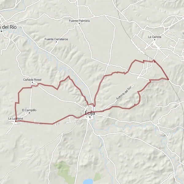 Miniatura della mappa di ispirazione al ciclismo "Tour in bicicletta tra La Luisiana e Écija" nella regione di Andalucía, Spain. Generata da Tarmacs.app, pianificatore di rotte ciclistiche