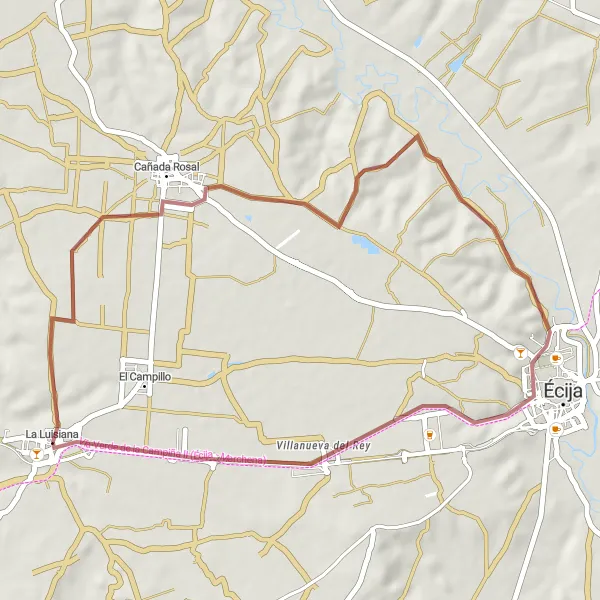 Miniature de la carte de l'inspiration cycliste "Boucle pittoresque de La Luisiana en gravel" dans la Andalucía, Spain. Générée par le planificateur d'itinéraire cycliste Tarmacs.app