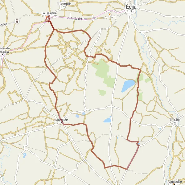 Miniatura della mappa di ispirazione al ciclismo "Avventura in bicicletta verso Lantejuela e La Luisiana" nella regione di Andalucía, Spain. Generata da Tarmacs.app, pianificatore di rotte ciclistiche