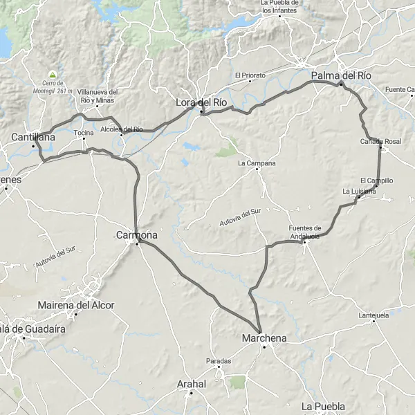 Miniature de la carte de l'inspiration cycliste "Tour panoramique à vélo près de La Luisiana" dans la Andalucía, Spain. Générée par le planificateur d'itinéraire cycliste Tarmacs.app