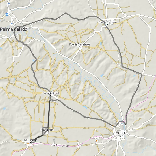 Miniature de la carte de l'inspiration cycliste "Circuit des villages andalous" dans la Andalucía, Spain. Générée par le planificateur d'itinéraire cycliste Tarmacs.app
