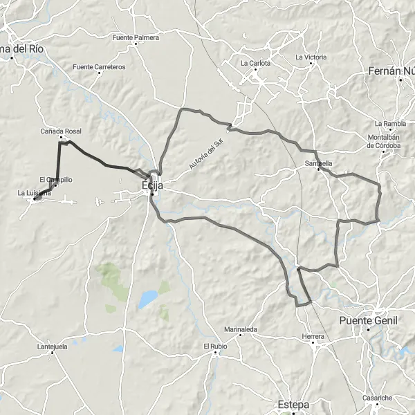 Miniatura della mappa di ispirazione al ciclismo "La Luisiana - Castillo de Santaella - Isla Redonda-La Aceñuela - Écija - Baños romanos de La Luisiana" nella regione di Andalucía, Spain. Generata da Tarmacs.app, pianificatore di rotte ciclistiche