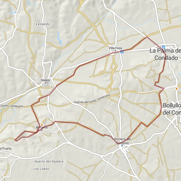 Miniatura della mappa di ispirazione al ciclismo "Giro in Gravel verso Rociana del Condado" nella regione di Andalucía, Spain. Generata da Tarmacs.app, pianificatore di rotte ciclistiche
