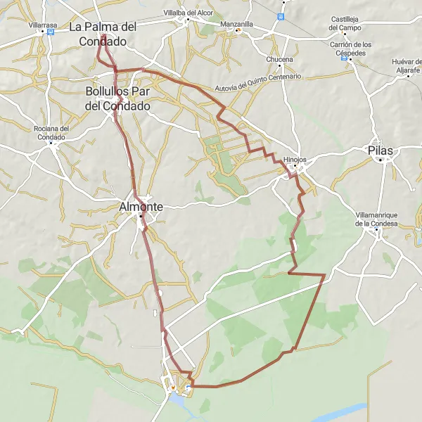 Miniatua del mapa de inspiración ciclista "Ruta de Grava de Hinojos" en Andalucía, Spain. Generado por Tarmacs.app planificador de rutas ciclistas
