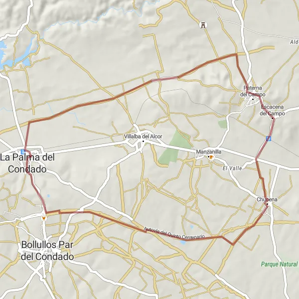 Miniatura della mappa di ispirazione al ciclismo "Esplorazione naturale tra La Palma del Condado e Chucena" nella regione di Andalucía, Spain. Generata da Tarmacs.app, pianificatore di rotte ciclistiche