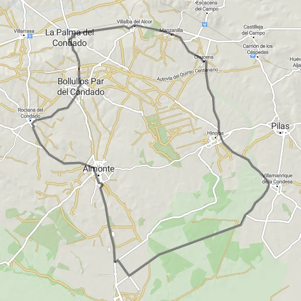 Miniatua del mapa de inspiración ciclista "Ruta de Carretera de Manzanilla" en Andalucía, Spain. Generado por Tarmacs.app planificador de rutas ciclistas