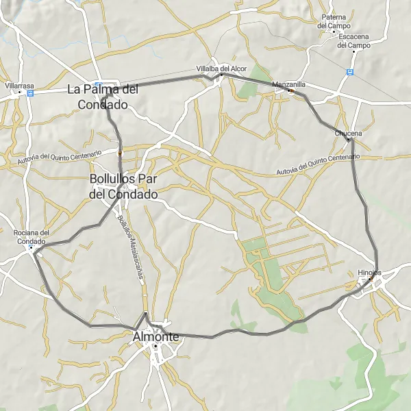 Miniaturní mapa "Cyklistická trasa Manzanilla" inspirace pro cyklisty v oblasti Andalucía, Spain. Vytvořeno pomocí plánovače tras Tarmacs.app