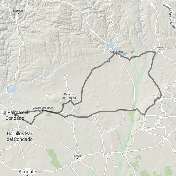 Miniaturní mapa "Cyklotrasa Villalba del Alcor - Manzanilla" inspirace pro cyklisty v oblasti Andalucía, Spain. Vytvořeno pomocí plánovače tras Tarmacs.app
