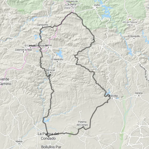 Miniatura mapy "Trasa z La Palma del Condado do Villalba del Alcor" - trasy rowerowej w Andalucía, Spain. Wygenerowane przez planer tras rowerowych Tarmacs.app