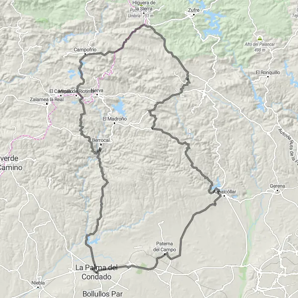 Miniatura della mappa di ispirazione al ciclismo "Epica avventura ciclistica tra La Palma del Condado e Villalba del Alcor" nella regione di Andalucía, Spain. Generata da Tarmacs.app, pianificatore di rotte ciclistiche