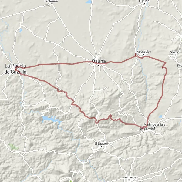 Miniatura della mappa di ispirazione al ciclismo "Avventura ciclistica tra La Puebla de Cazalla e Los Corrales" nella regione di Andalucía, Spain. Generata da Tarmacs.app, pianificatore di rotte ciclistiche