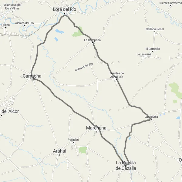 Miniatura della mappa di ispirazione al ciclismo "La Puebla de Cazalla - Lantejuela Road Cycling Route" nella regione di Andalucía, Spain. Generata da Tarmacs.app, pianificatore di rotte ciclistiche