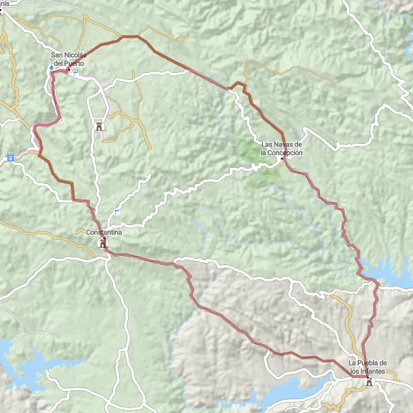 Miniatura della mappa di ispirazione al ciclismo "Gravel Route to San Nicolás del Puerto" nella regione di Andalucía, Spain. Generata da Tarmacs.app, pianificatore di rotte ciclistiche