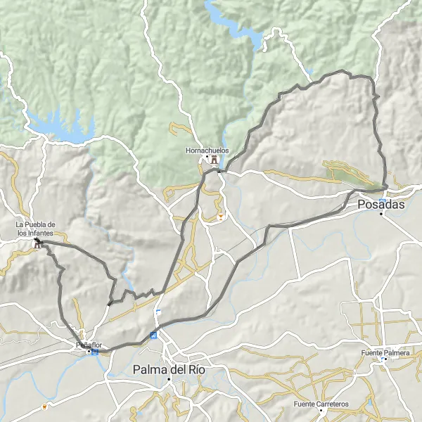 Miniatura della mappa di ispirazione al ciclismo "Vista sulle Colline Andaluse" nella regione di Andalucía, Spain. Generata da Tarmacs.app, pianificatore di rotte ciclistiche