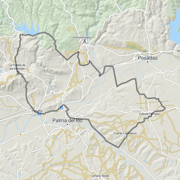 Miniatura mapy "Trasa przez Fuente Palmera i Bembézar" - trasy rowerowej w Andalucía, Spain. Wygenerowane przez planer tras rowerowych Tarmacs.app