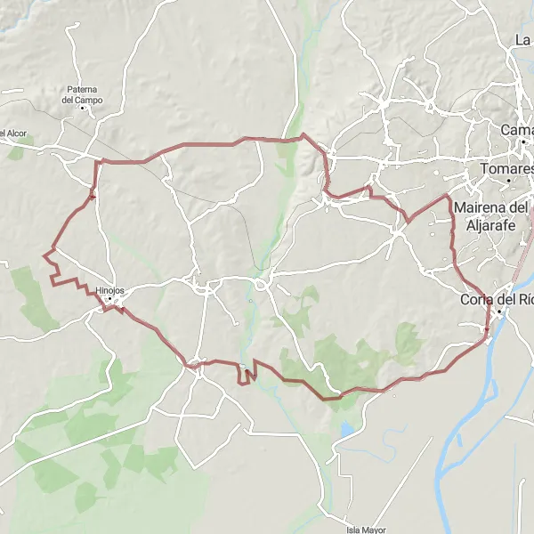Karten-Miniaturansicht der Radinspiration "Gravel Tour um La Puebla del Río" in Andalucía, Spain. Erstellt vom Tarmacs.app-Routenplaner für Radtouren