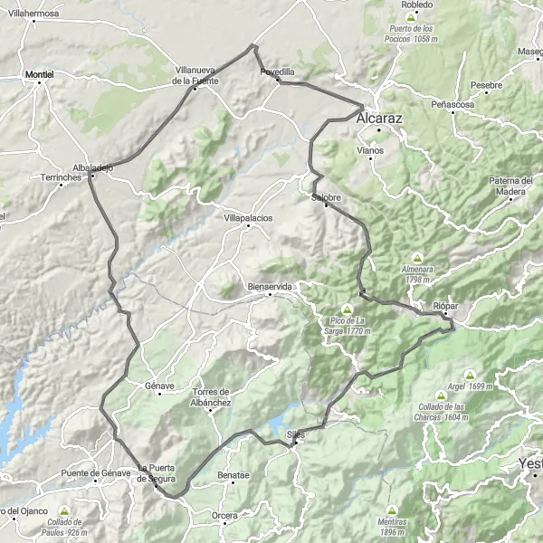 Miniatua del mapa de inspiración ciclista "Vuelta por los Valles del Segura y del Guadalimar" en Andalucía, Spain. Generado por Tarmacs.app planificador de rutas ciclistas