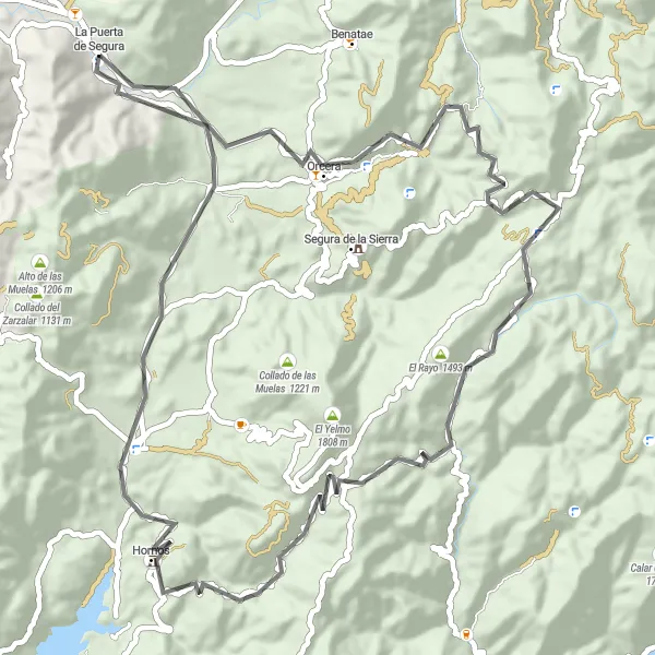 Map miniature of "La Puerta de Segura Road Route" cycling inspiration in Andalucía, Spain. Generated by Tarmacs.app cycling route planner