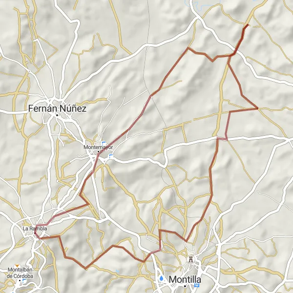 Miniatura della mappa di ispirazione al ciclismo "Ciclismo attraverso Montemayor e Montilla" nella regione di Andalucía, Spain. Generata da Tarmacs.app, pianificatore di rotte ciclistiche