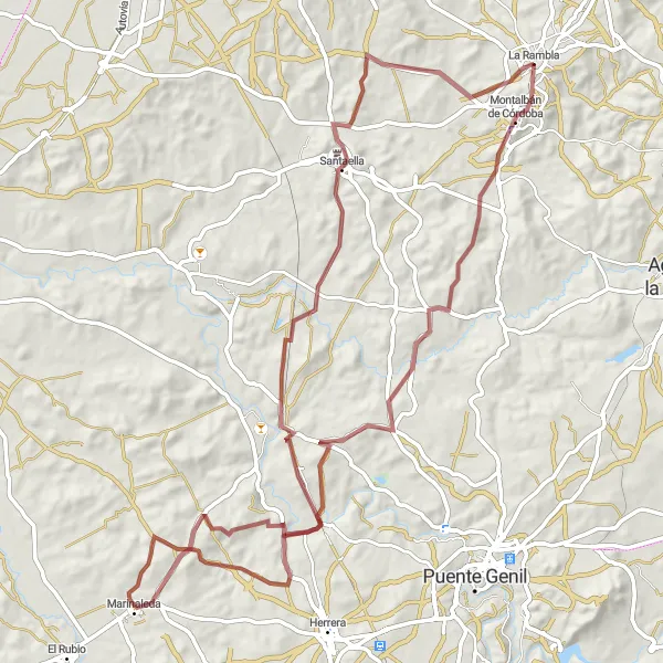 Miniatura della mappa di ispirazione al ciclismo "Giro in bicicletta tra La Rambla e Santaella" nella regione di Andalucía, Spain. Generata da Tarmacs.app, pianificatore di rotte ciclistiche