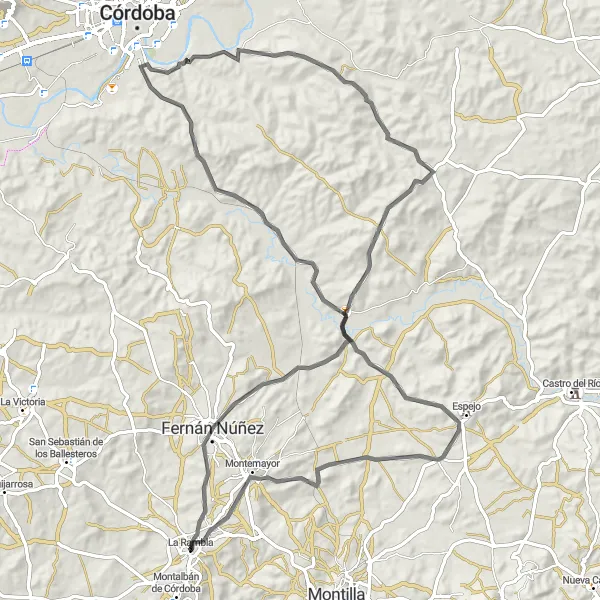 Miniatura della mappa di ispirazione al ciclismo "Circuito delle Colline di Córdoba" nella regione di Andalucía, Spain. Generata da Tarmacs.app, pianificatore di rotte ciclistiche