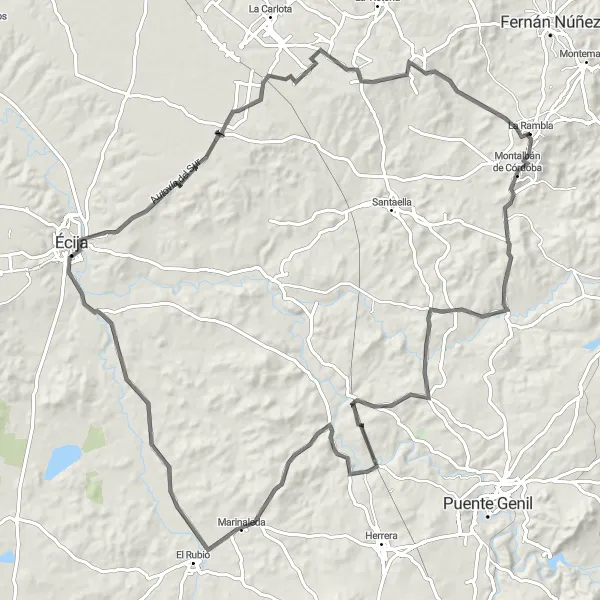 Miniatura mapy "Trasa przez Marinaleda i La Guijarrosa" - trasy rowerowej w Andalucía, Spain. Wygenerowane przez planer tras rowerowych Tarmacs.app