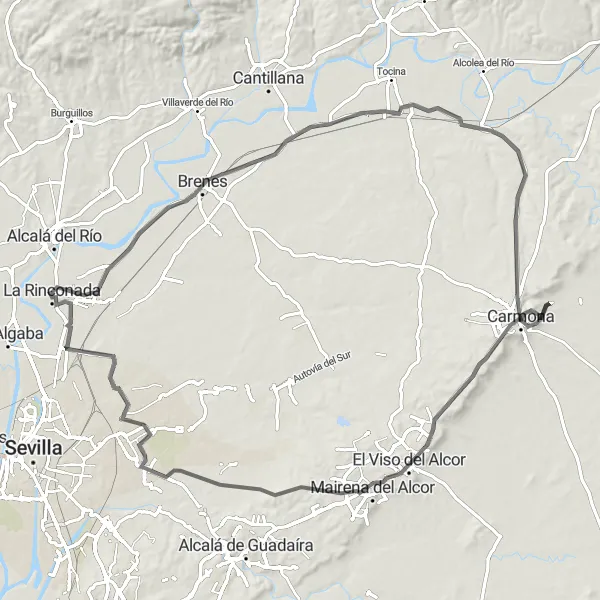 Miniaturní mapa "Road Route - La Rinconada to Restos arqueológicos." inspirace pro cyklisty v oblasti Andalucía, Spain. Vytvořeno pomocí plánovače tras Tarmacs.app