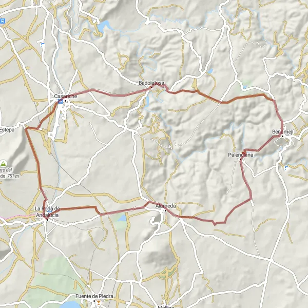 Miniatura della mappa di ispirazione al ciclismo "Gravel tra La Roda de Andalucía e Alameda" nella regione di Andalucía, Spain. Generata da Tarmacs.app, pianificatore di rotte ciclistiche