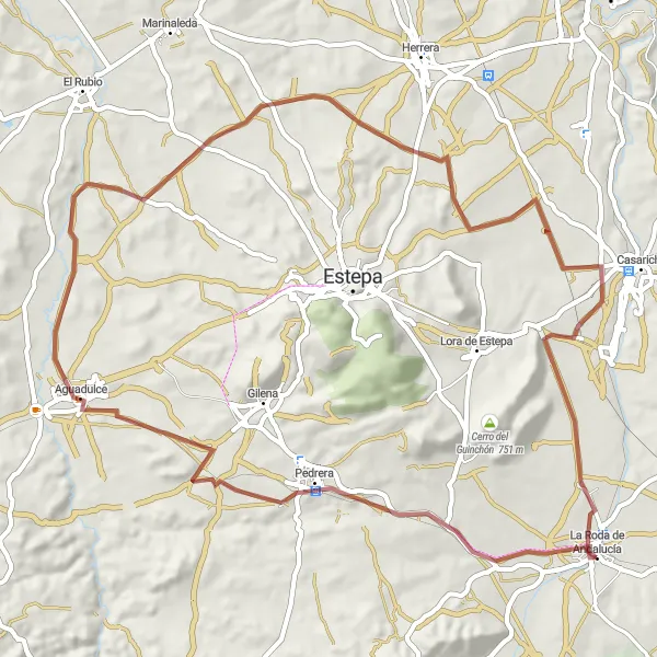 Miniatura della mappa di ispirazione al ciclismo "Tour in Gravel da La Roda de Andalucía ad Aguadulce" nella regione di Andalucía, Spain. Generata da Tarmacs.app, pianificatore di rotte ciclistiche