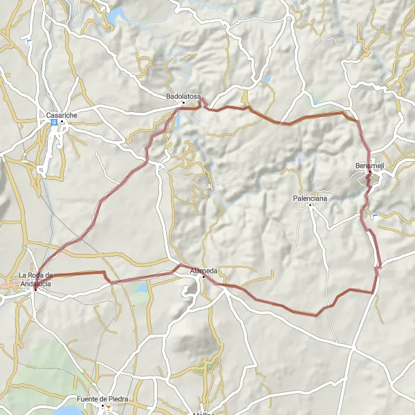 Miniatura della mappa di ispirazione al ciclismo "Esplorazione in Gravel da La Roda de Andalucía ad Alameda" nella regione di Andalucía, Spain. Generata da Tarmacs.app, pianificatore di rotte ciclistiche