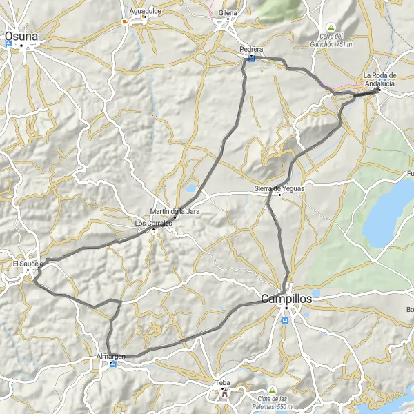Miniatura della mappa di ispirazione al ciclismo "Ciclismo panoramico tra La Roda de Andalucía e Pedrera" nella regione di Andalucía, Spain. Generata da Tarmacs.app, pianificatore di rotte ciclistiche
