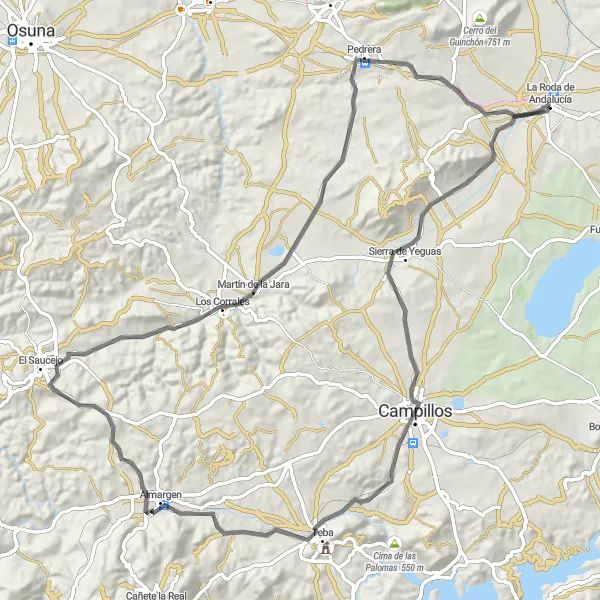 Miniaturní mapa "Epic Road Cycling Route around La Roda de Andalucía" inspirace pro cyklisty v oblasti Andalucía, Spain. Vytvořeno pomocí plánovače tras Tarmacs.app