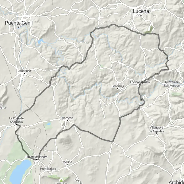 Miniatura della mappa di ispirazione al ciclismo "Road tra La Roda de Andalucía e Fuente de Piedra" nella regione di Andalucía, Spain. Generata da Tarmacs.app, pianificatore di rotte ciclistiche