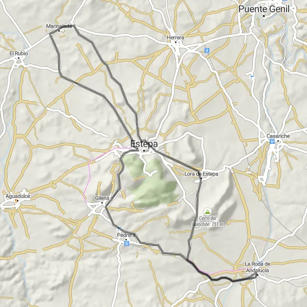 Miniaturekort af cykelinspirationen "Rundtur på landevejen til Gilena og Lora de Estepa" i Andalucía, Spain. Genereret af Tarmacs.app cykelruteplanlægger