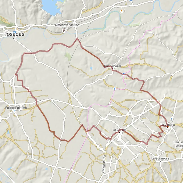 Miniatuurkaart van de fietsinspiratie "Gravel avontuur van La Victoria naar La Carlota en Aldea Quintana" in Andalucía, Spain. Gemaakt door de Tarmacs.app fietsrouteplanner