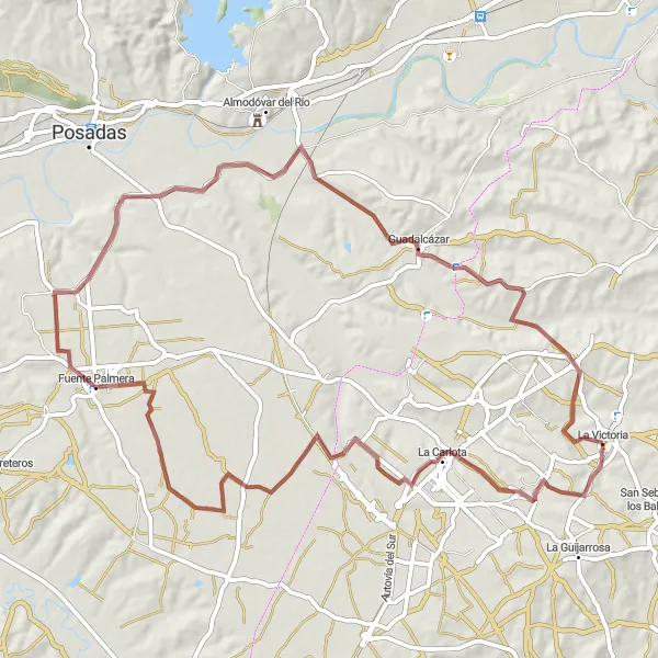 Miniaturní mapa "Gravel Tour de Fuente Palmera" inspirace pro cyklisty v oblasti Andalucía, Spain. Vytvořeno pomocí plánovače tras Tarmacs.app