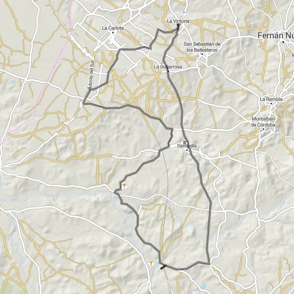 Miniatura della mappa di ispirazione al ciclismo "Il fascino di Santaella" nella regione di Andalucía, Spain. Generata da Tarmacs.app, pianificatore di rotte ciclistiche