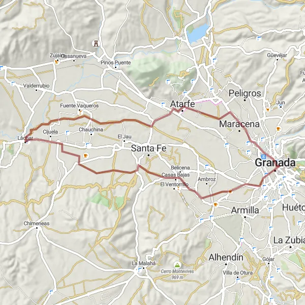 Miniatura della mappa di ispirazione al ciclismo "Cicloturismo tra La Paz, Maracena e Granada" nella regione di Andalucía, Spain. Generata da Tarmacs.app, pianificatore di rotte ciclistiche