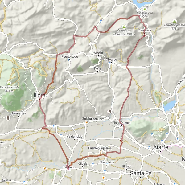 Miniatura mapy "Trasa przez Castillo de Íllora, Tózar, Puerto de la Dehesa Alta, Pinos Puente, Cerro del Tío del Yeso i Láchar" - trasy rowerowej w Andalucía, Spain. Wygenerowane przez planer tras rowerowych Tarmacs.app