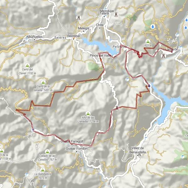 Miniatura della mappa di ispirazione al ciclismo "Avventura panoramica tra Cañones e Pinos del Valle" nella regione di Andalucía, Spain. Generata da Tarmacs.app, pianificatore di rotte ciclistiche