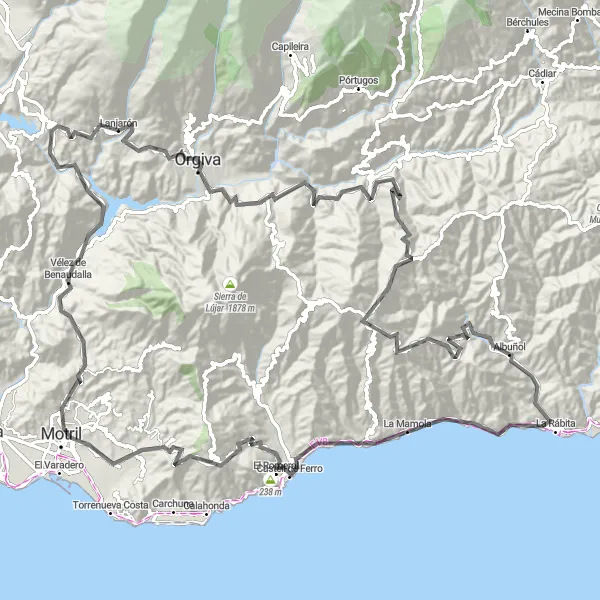 Miniatura della mappa di ispirazione al ciclismo "Scopri i tesori nascosti della Costa Tropicale" nella regione di Andalucía, Spain. Generata da Tarmacs.app, pianificatore di rotte ciclistiche