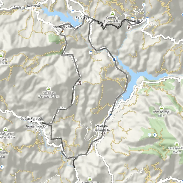 Map miniature of "Scenic Road Ride to Vélez de Benaudalla" cycling inspiration in Andalucía, Spain. Generated by Tarmacs.app cycling route planner