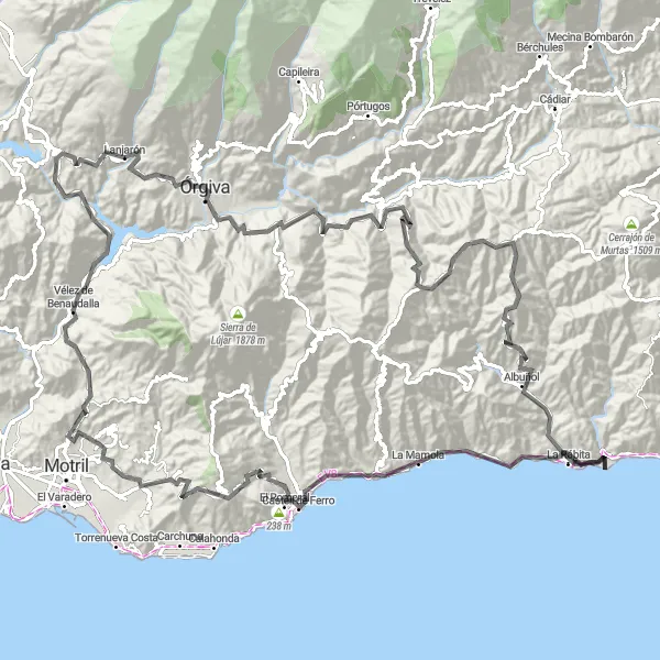 Map miniature of "The Road to Torvizcón" cycling inspiration in Andalucía, Spain. Generated by Tarmacs.app cycling route planner